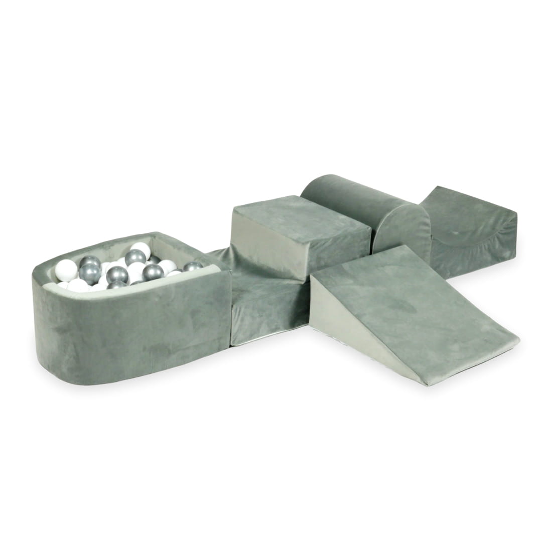 Aire de jeux en mousse avec colline et piscine micro velvet gris + 100 balles (blanc, argent)