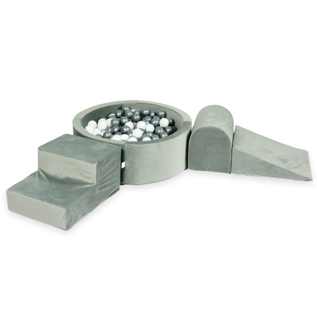 Aire de jeux en mousse avec piscine ronde 90x30 velvet gris + 200 balles (blanc, argent)
