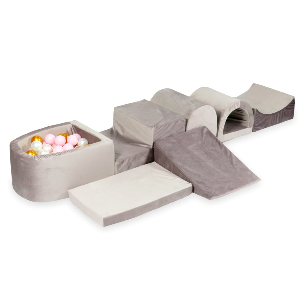 Plus grande aire de jeux en mousse avec piscine micro velvet lilac + 100 balles (or, rose clair, perle)