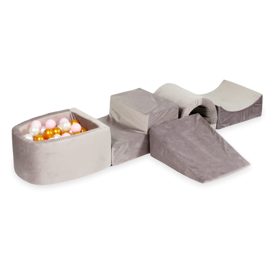 Aire de jeux en mousse avec pont et piscine micro velvet lilac + 100 balles (or, rose clair, perle)