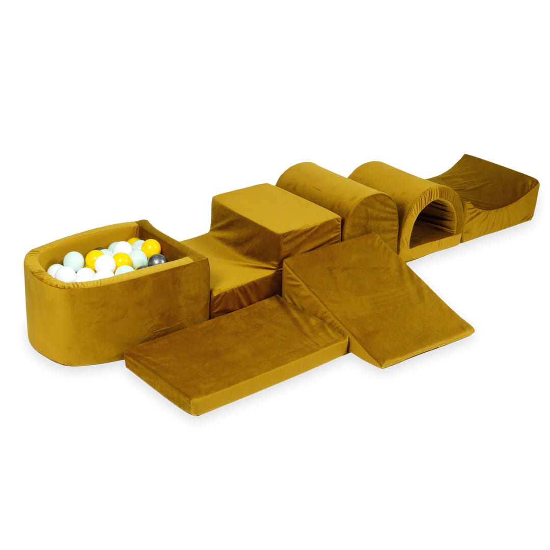 Plus grande aire de jeux en mousse avec micro piscine velvet or + 100 balles (jaune, menthe claire, graphite métallique, blanc)