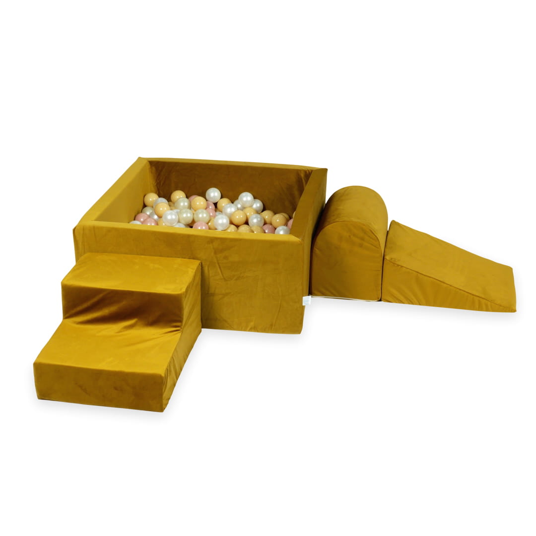Aire de jeux en mousse avec piscine carrée 90x90x40 velvet or + 400 balles (or clair, beige, perle, or rose)