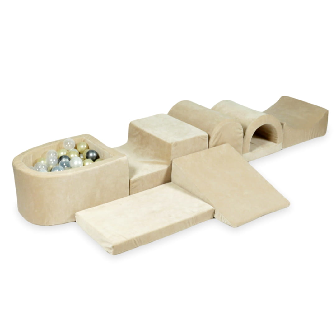 Plus grande aire de jeux en mousse avec piscine micro velvet soft beige + 100 balles (or clair, argent, perle, transparent)