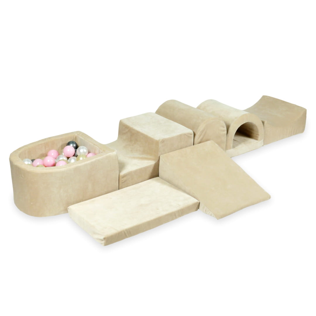 Plus grande aire de jeux en mousse avec micro piscine velvet soft beige + 100 balles (rose clair, or clair, perle, argent)