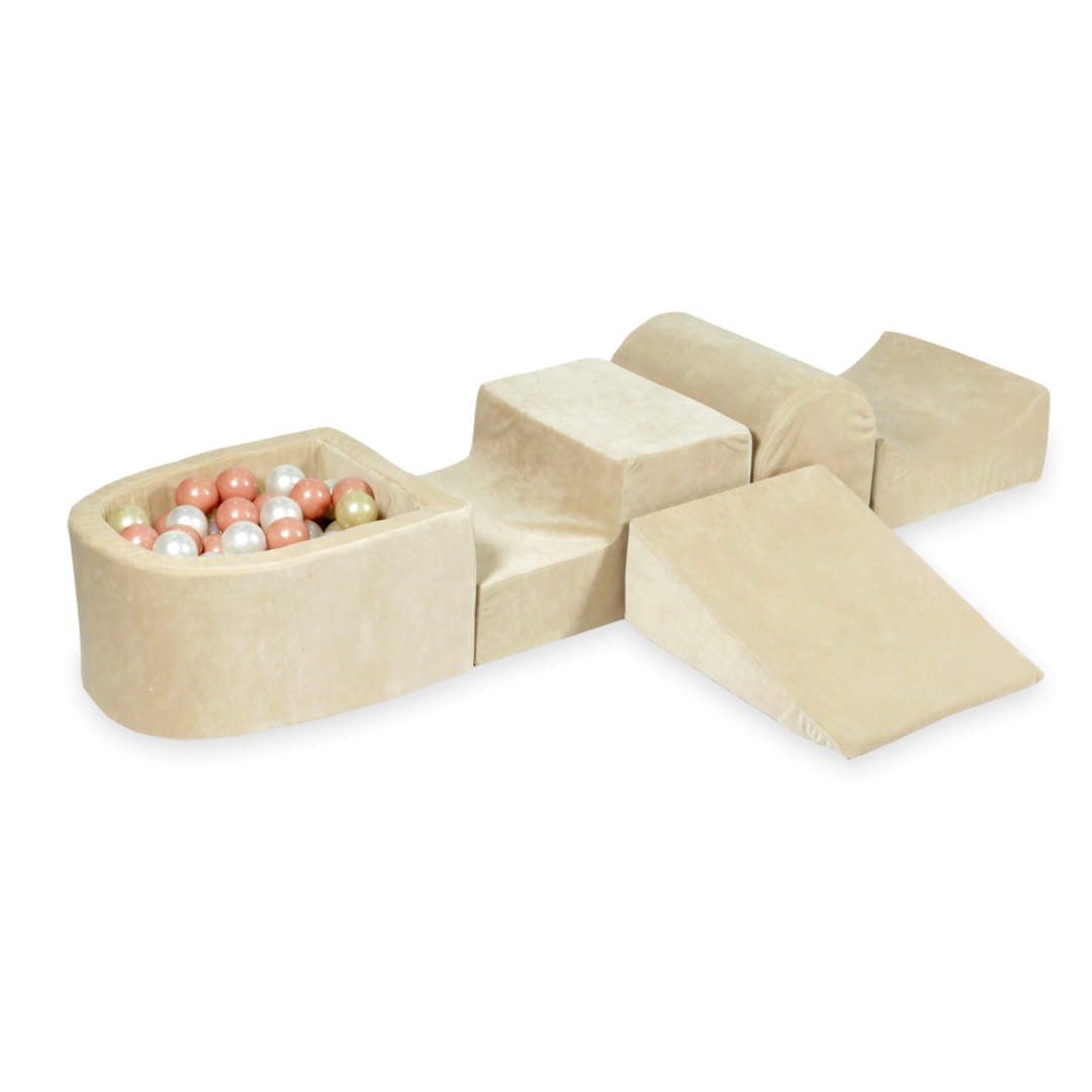 Aire de jeux en mousse avec colline et piscine micro velvet soft beige + 100 balles (or rose, or brillant, perle)