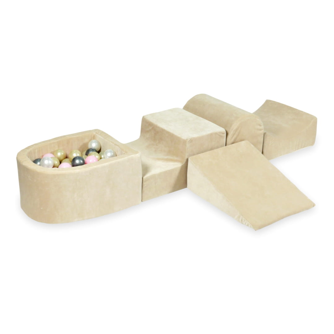 Aire de jeux en mousse avec colline et piscine micro velvet soft beige + 100 balles (rose clair, or clair, perle, argent)