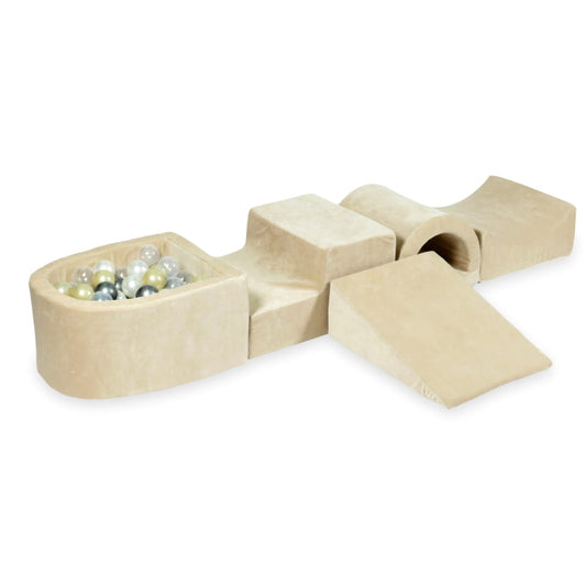Aire de jeux en mousse avec pont et piscine micro velvet soft beige + 100 balles (or clair, argent, perle, transparent)