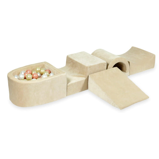 Aire de jeux en mousse avec pont et piscine micro velvet soft beige + 100 balles (or rose, or clair, perle)
