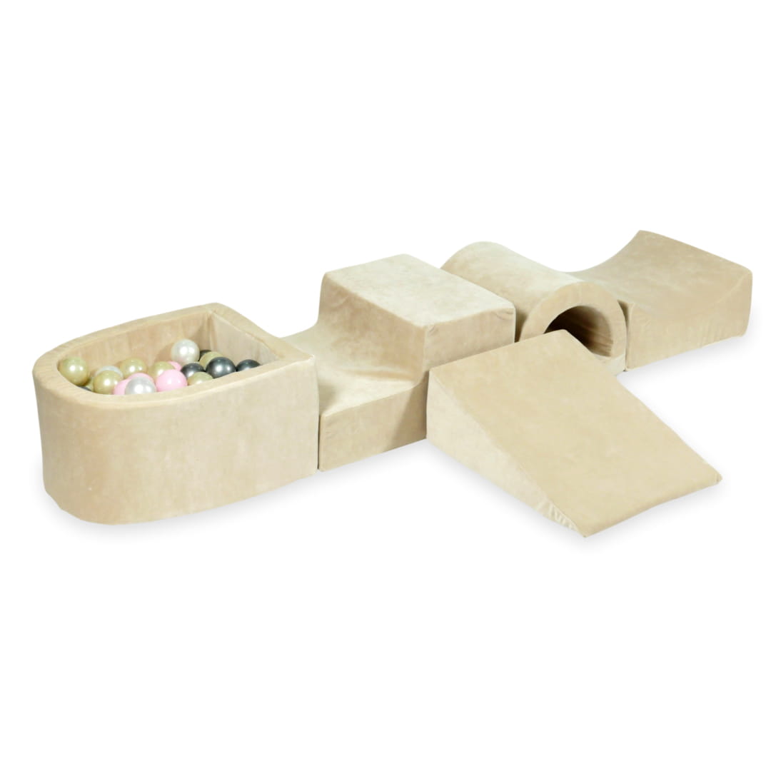 Aire de jeux en mousse avec pont et piscine micro velvet soft beige + 100 balles (rose clair, or clair, perle, argent)