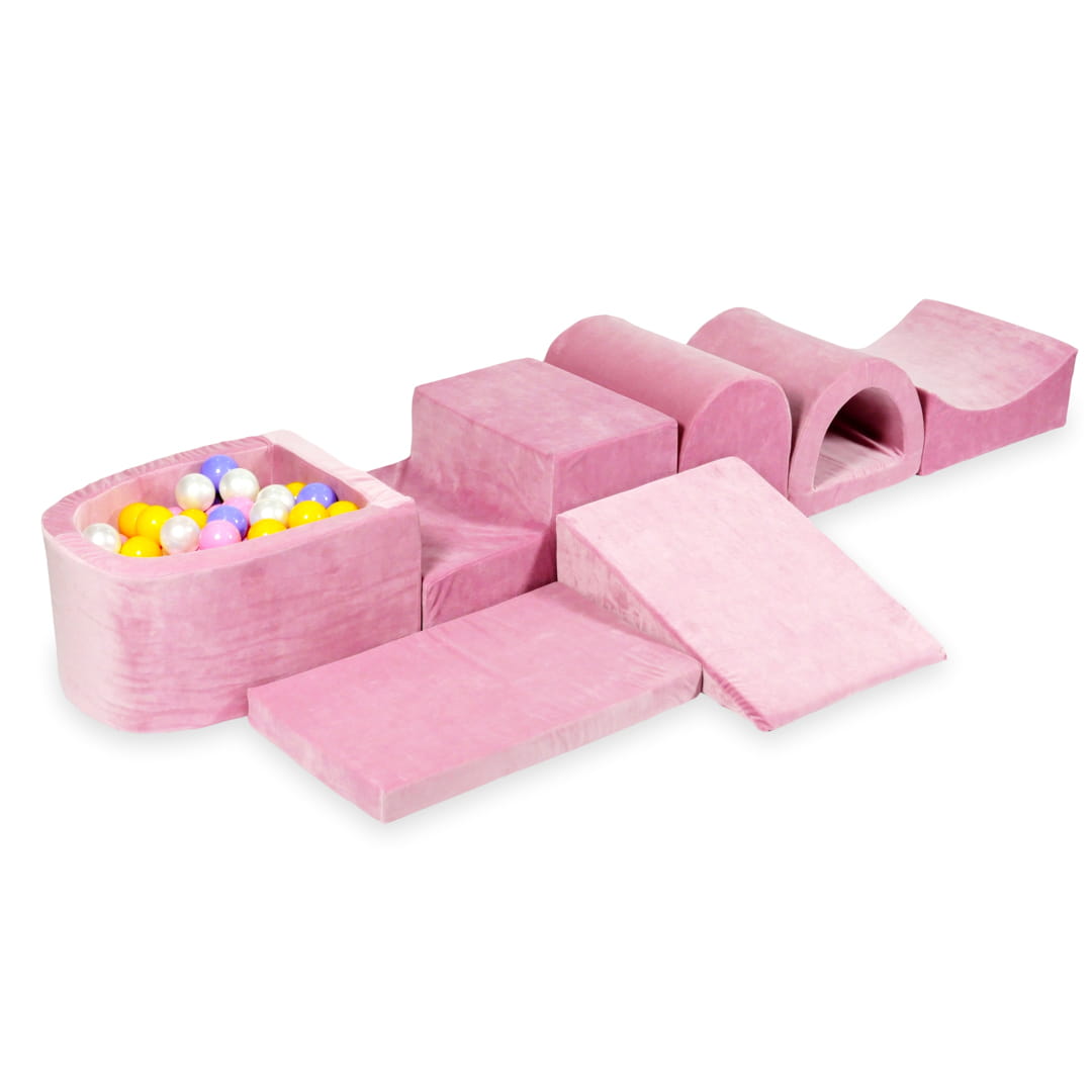 Plus grande aire de jeux en mousse avec piscine micro velvet soft rose + 100 balles (bruyère, jaune, rose poudre, perle)