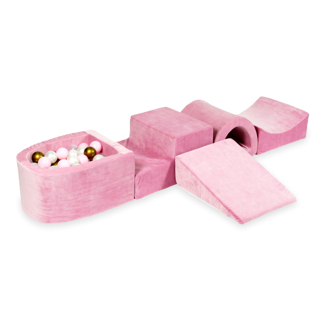 Aire de jeux en mousse avec pont et piscine micro velvet soft rose + 100 balles (vieil or, rose clair, perle, transparent)