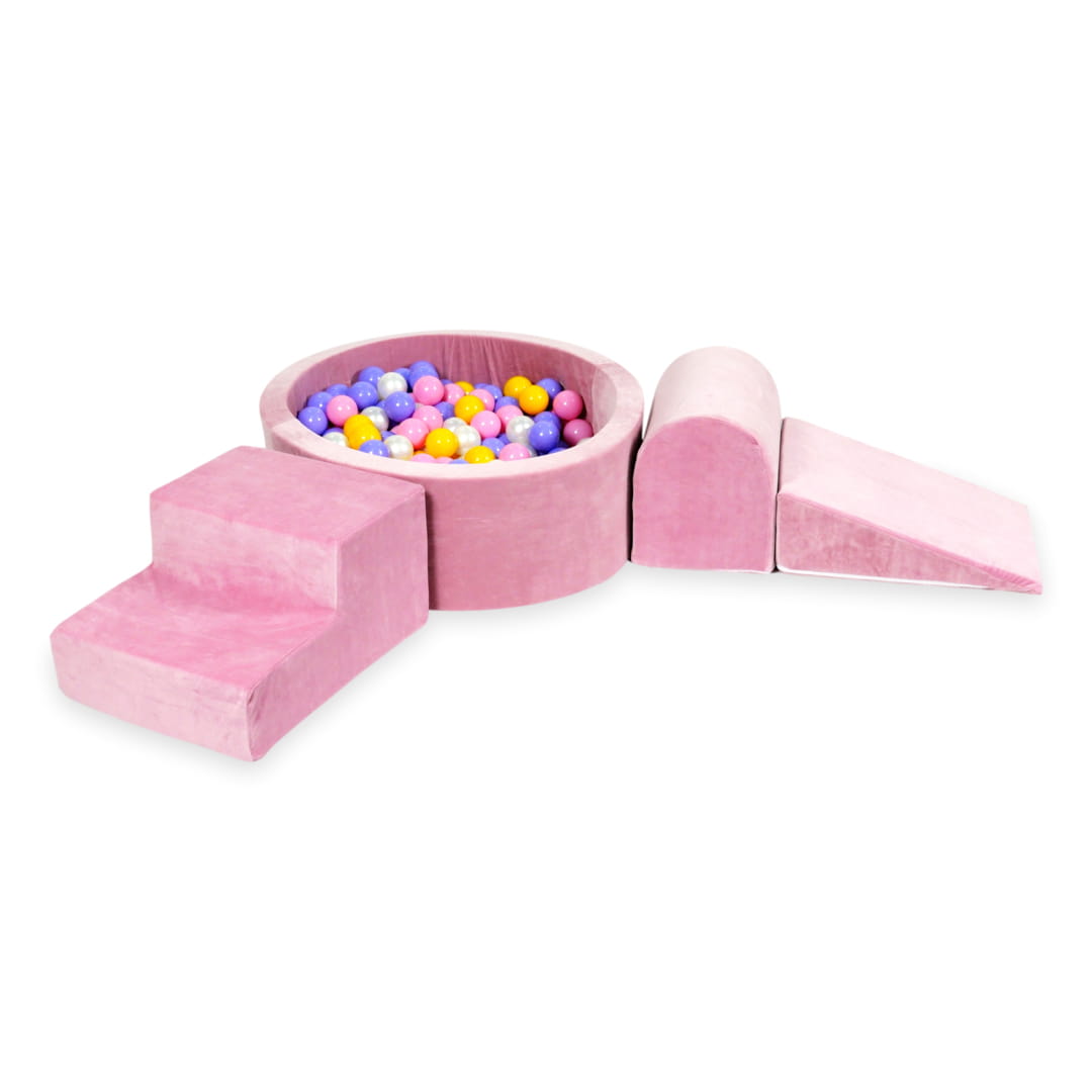 Aire de jeux en mousse avec piscine ronde 90x30 velvet soft rose + 200 balles (bruyère, jaune, rose poudre, perle)