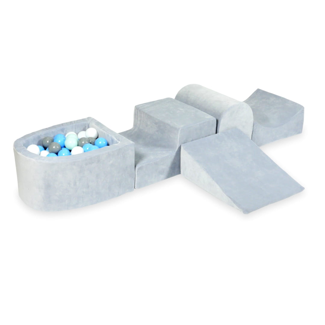 Aire de jeux en mousse avec colline et piscine micro velvet soft gris clair + 100 balles (gris, blanc, bleu clair, menthe claire)