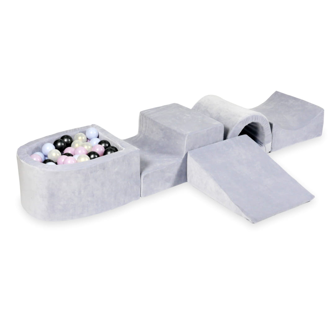 Aire de jeux en mousse avec pont et piscine micro velvet soft gris clair + 100 balles (bleu perle, rose perle, graphite métallique, iridescent)