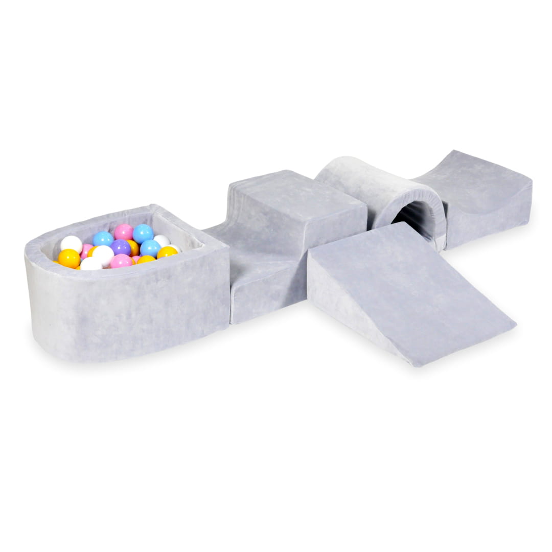 Aire de jeux en mousse avec pont et piscine micro velvet soft gris clair + 100 balles (bleu clair, jaune, bruyère, rose poudre, blanc)