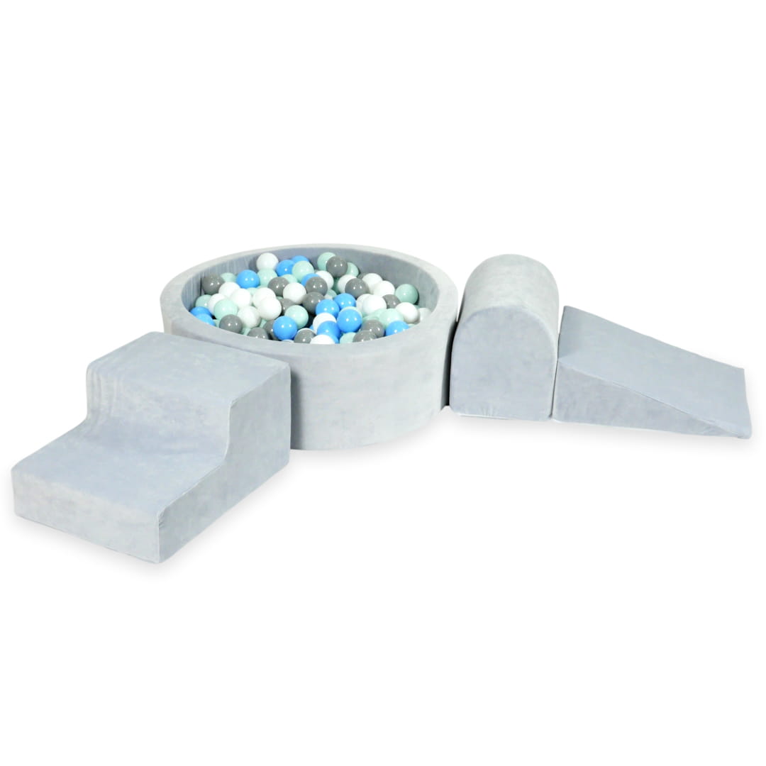 Aire de jeux en mousse avec piscine ronde 90x30 velvet soft gris clair + 200 balles (gris, blanc, bleu clair, menthe claire)