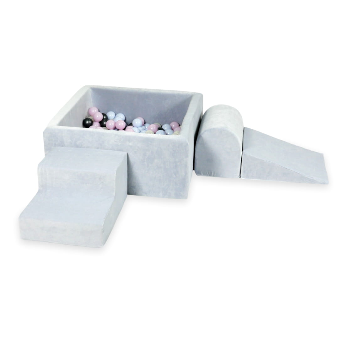 Aire de jeux en mousse avec piscine carrée 90x90x40 velvet soft gris clair + 400 balles (bleu perle, rose perle, graphite métallique, iridescent)