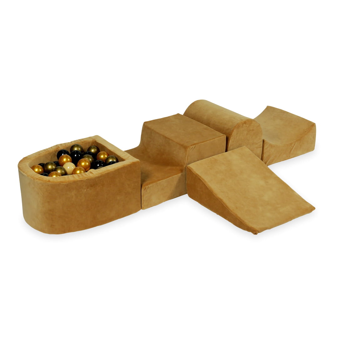 Aire de jeux en mousse avec colline et piscine micro velvet soft carmel + 100 balles (beige, vieil or, or, noir)