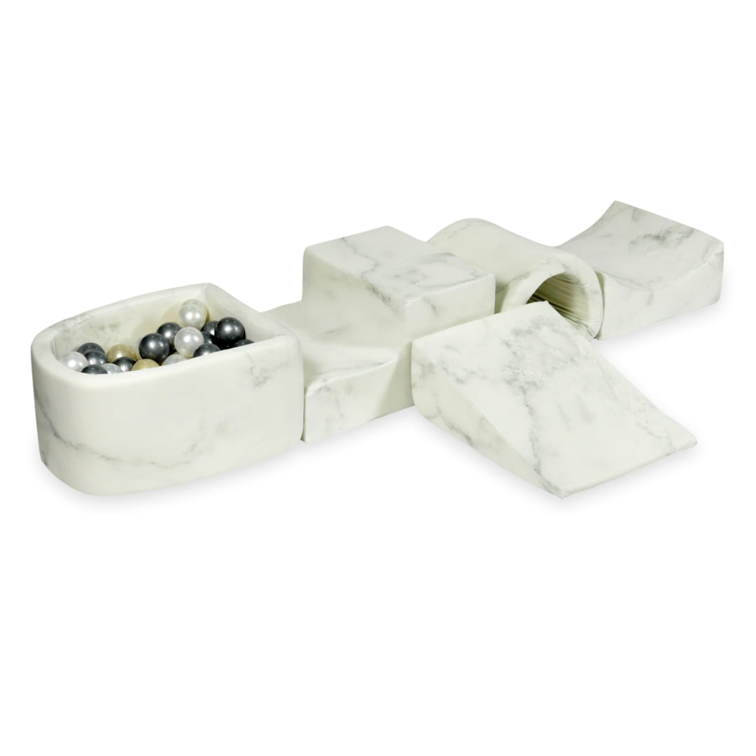 Aire de jeux en mousse avec pont et piscine micro marbre + 100 balles (or clair, perle, argent)