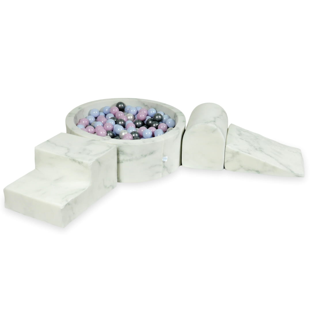 Aire de jeux en mousse avec piscine ronde 90x30 marbre + 200 balles (bleu perle, rose perle, perle, argent)
