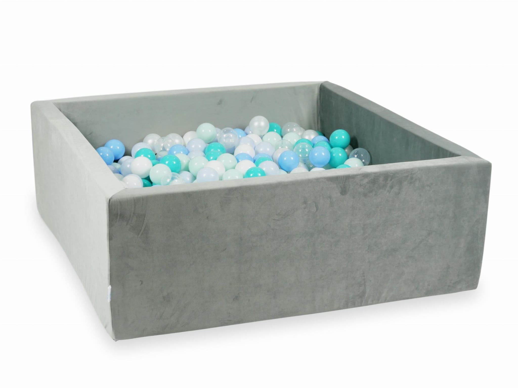 Piscine à Balles 110x110x40 Velvet gris avec balles 600 pcs (menthe claire, turquoise, bleu clair, bleu clair perlé, iridescent, perle, blanc, transparent)