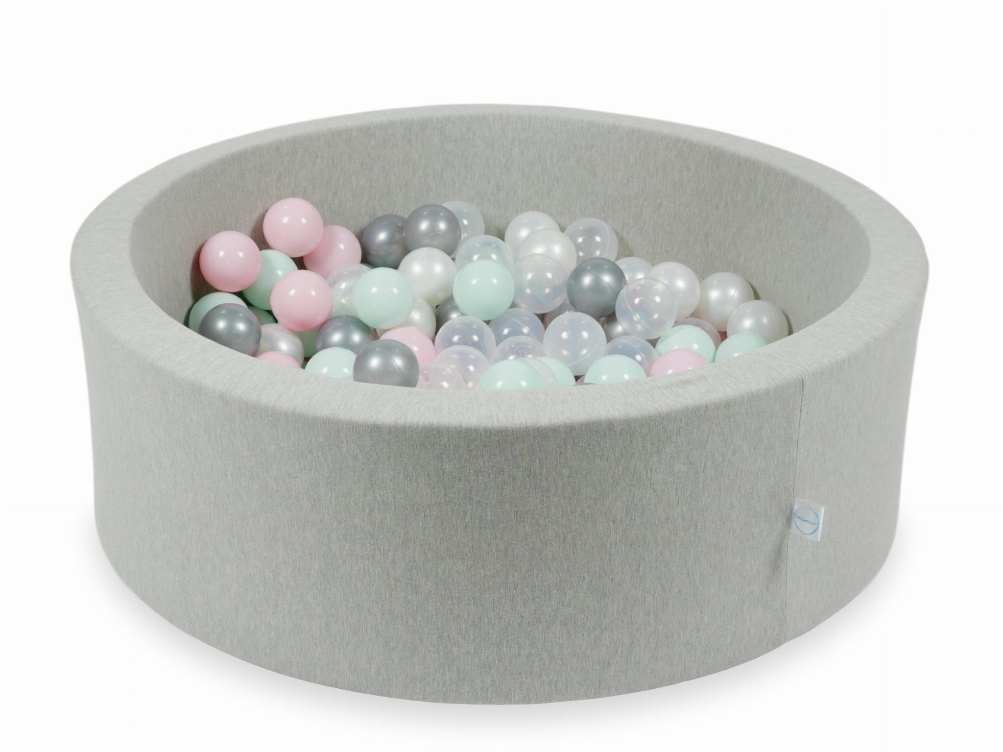 Mimii-Piscine-à Balles-90x30-gris-clair-avec-200-balles-transparent-perles-argent-rose-clair-menthe-clair