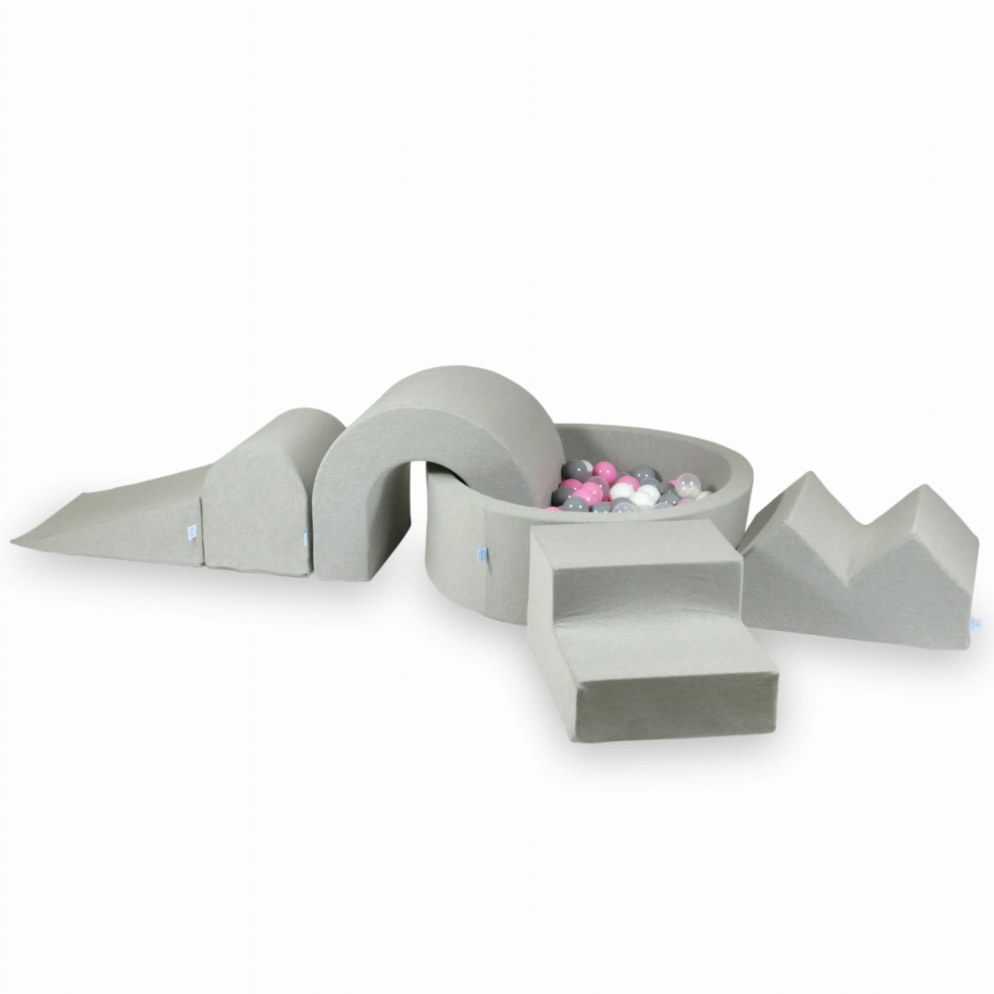 Aire de jeux en mousse avec piscine ronde 90x30 Gris Clair + 5 éléments + 200 balles (transparent, blanc, gris, Rose Poudré)