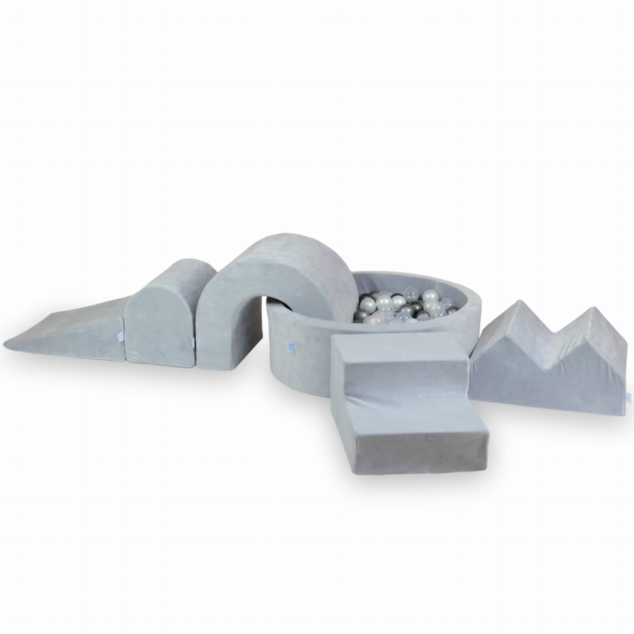 Aire de jeux en mousse avec piscine ronde 90x30 Velvet Soft Gris Clair + 5 éléments + 200 balles (transparent, nacré, argenté, graphite métallisé)
