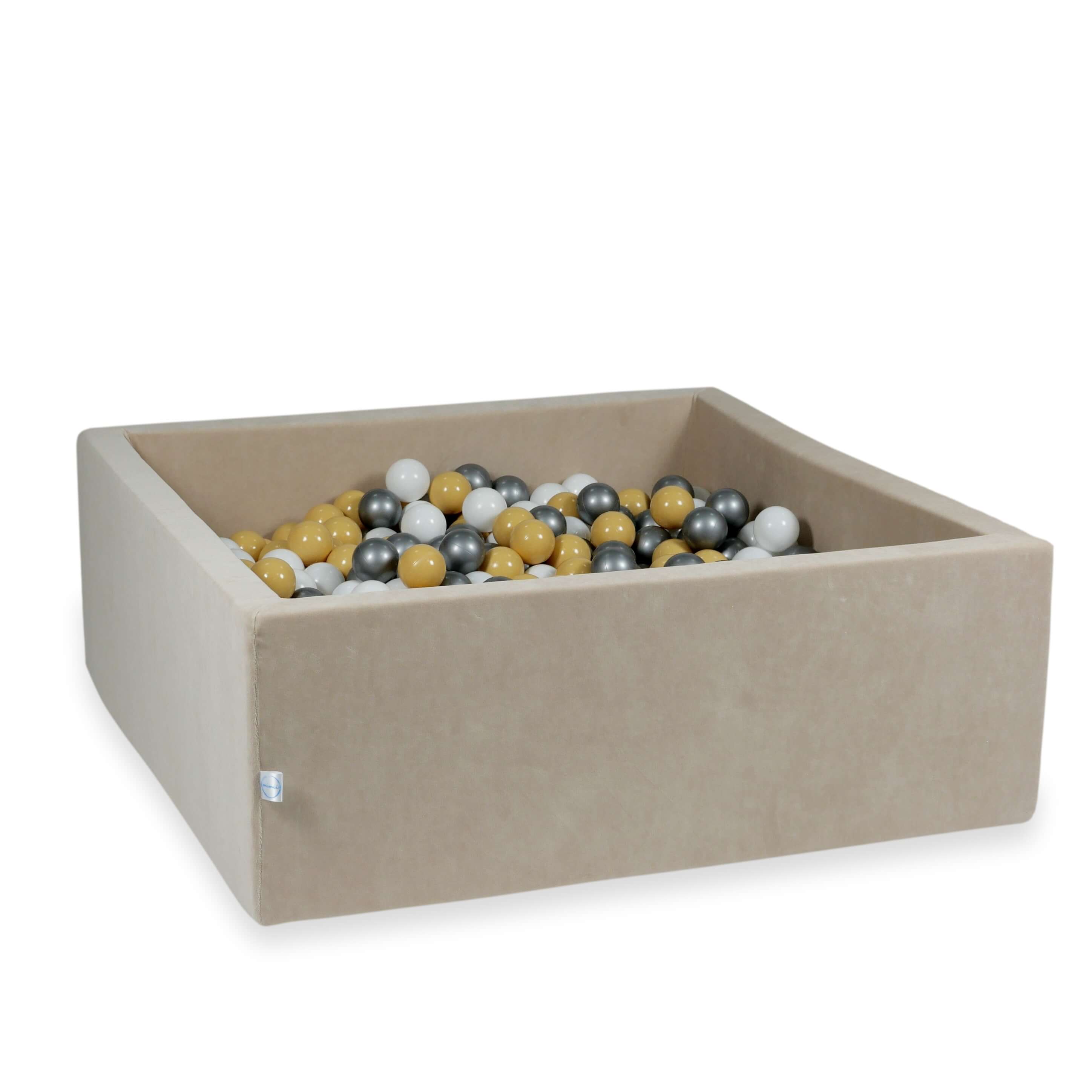 Piscine à Balles 110x110x40 Velvet Soft beige avec balles 600 pcs (beige, blanc, argent)
