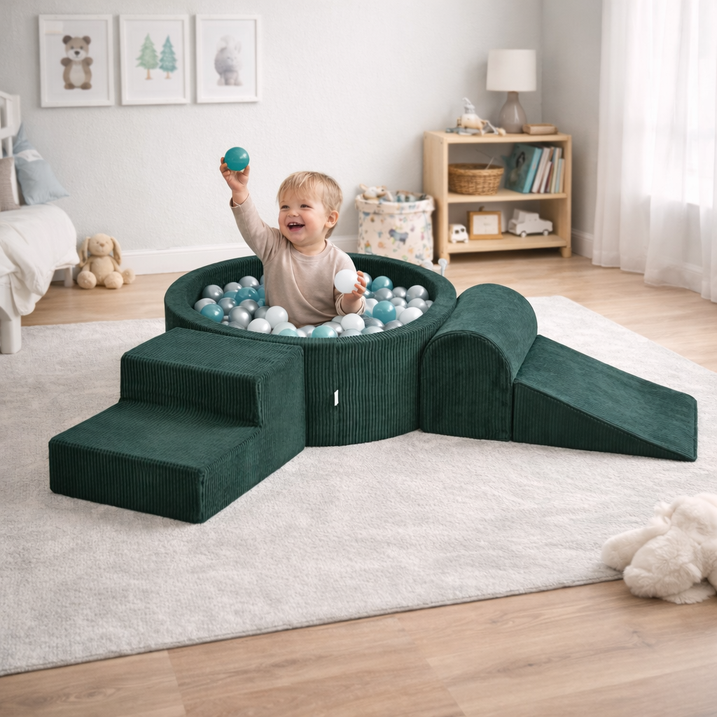 Aire de jeux en mousse avec piscine ronde 90x30 côtelé vert +200 balles