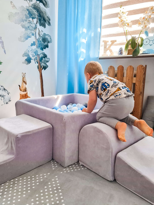 Aire de jeux en mousse avec piscine carrée 90x90x40 velvet soft gris clair + 400 balles (bleu perle, rose perle, graphite métallique, iridescent)
