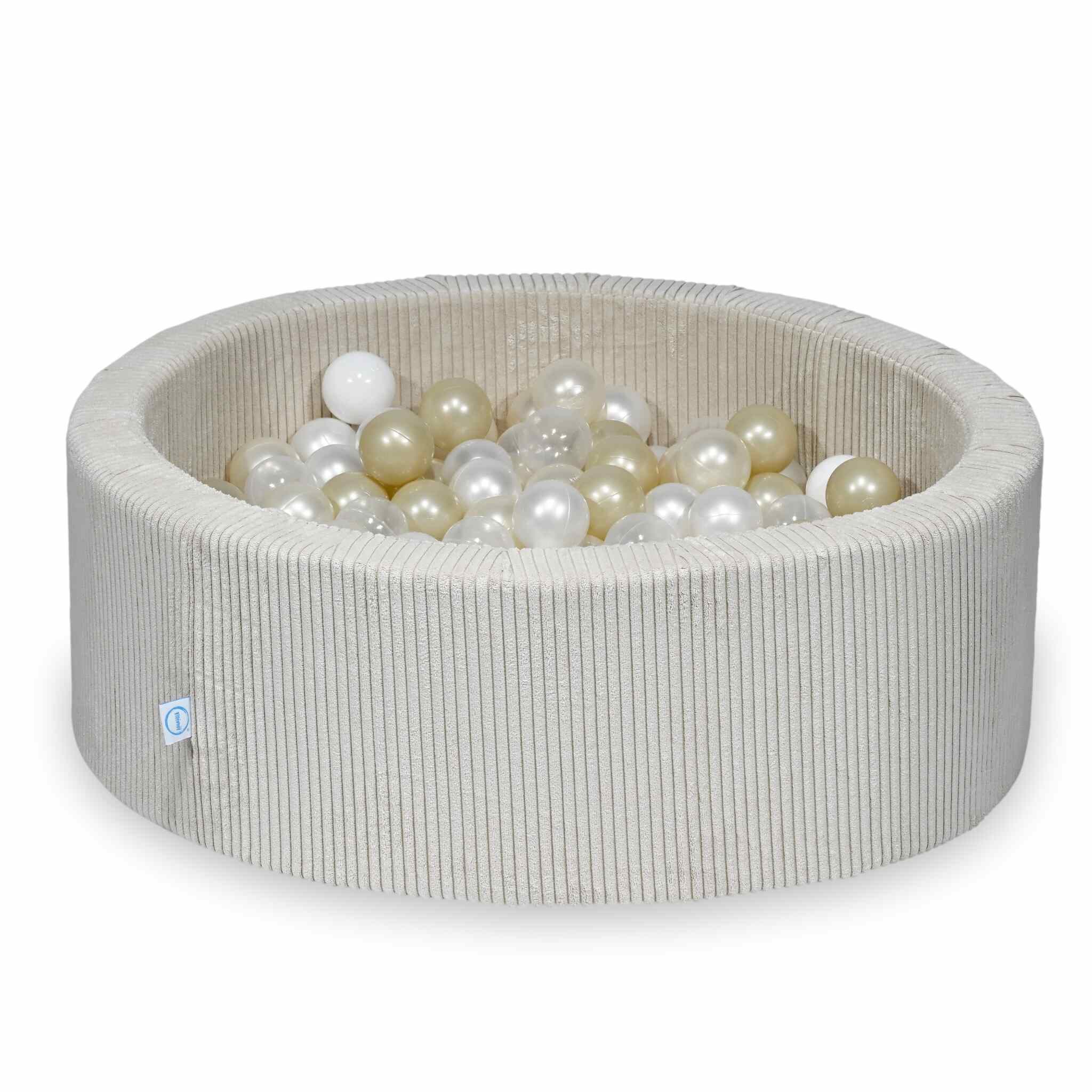 Piscine à balles ronde en velours côtelé beige, 90x30cm – 200 balls (transparentes, blanches, nacrées, or clair, irisées)
