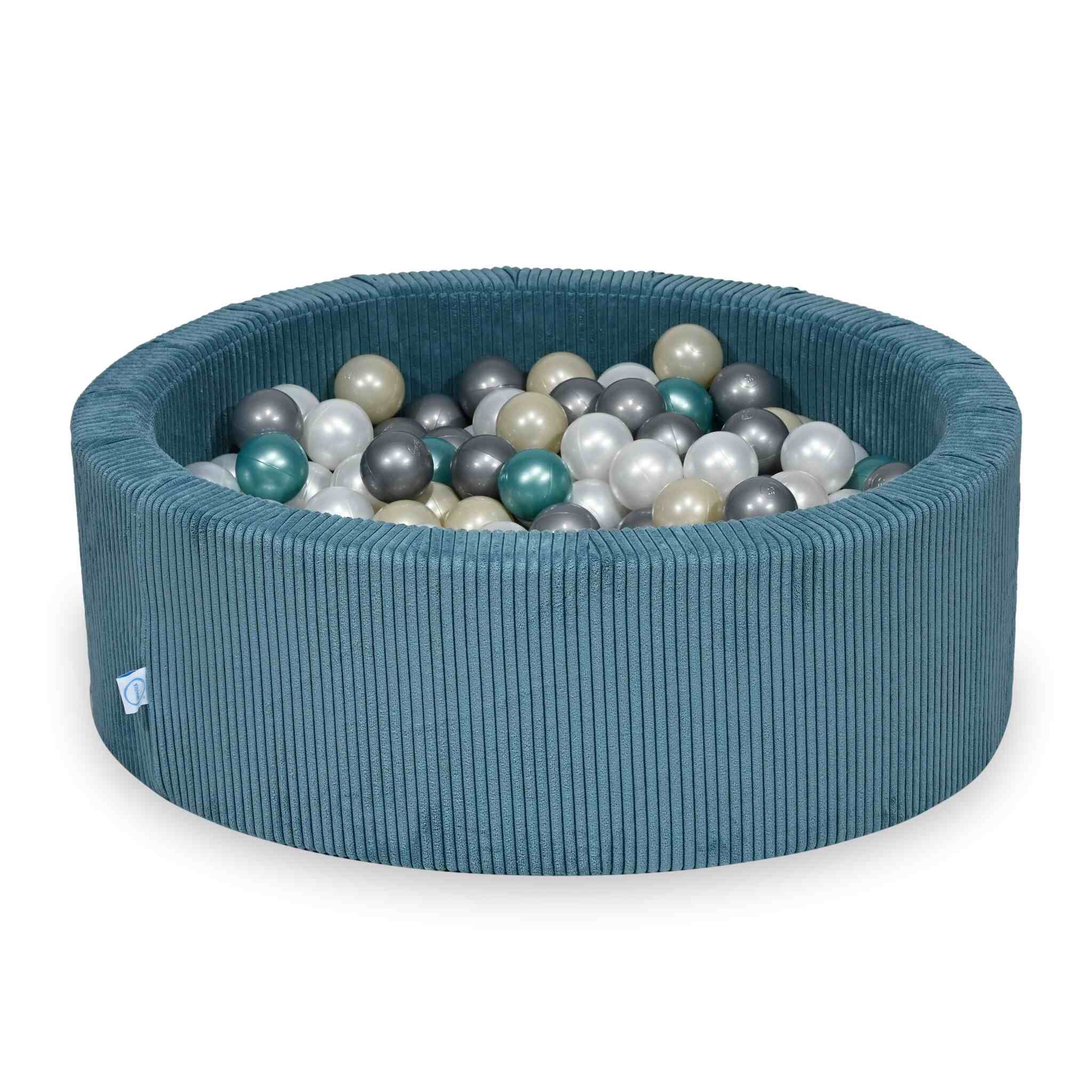 Piscine à balles ronde en velours côtelé bleu, 90x30cm – 200 balls (nacré, argenté, doré clair, turquoise métallisé)