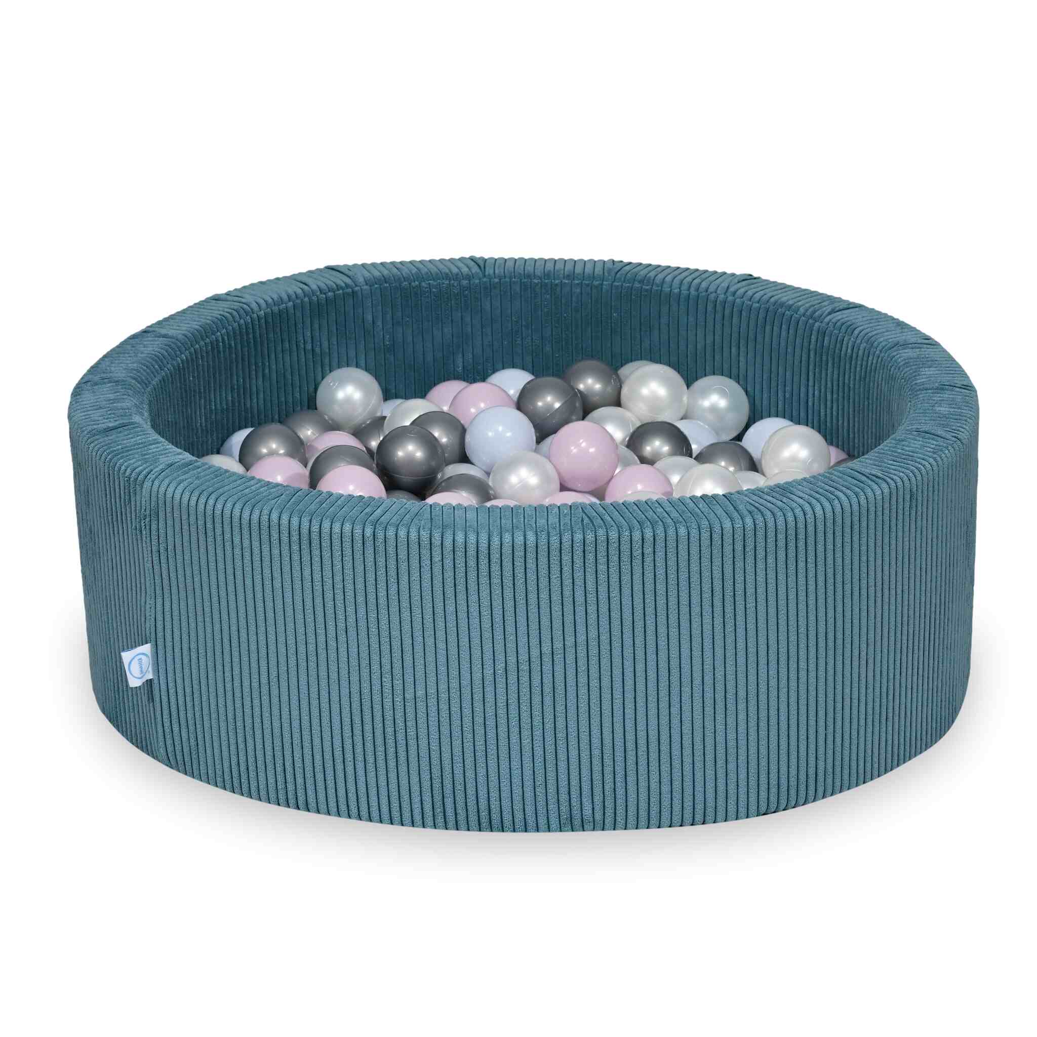 Piscine à balles ronde en velours côtelé bleu, 90x30cm – 200 balls (nacré, argenté, rose clair nacré, bleu ciel nacré)