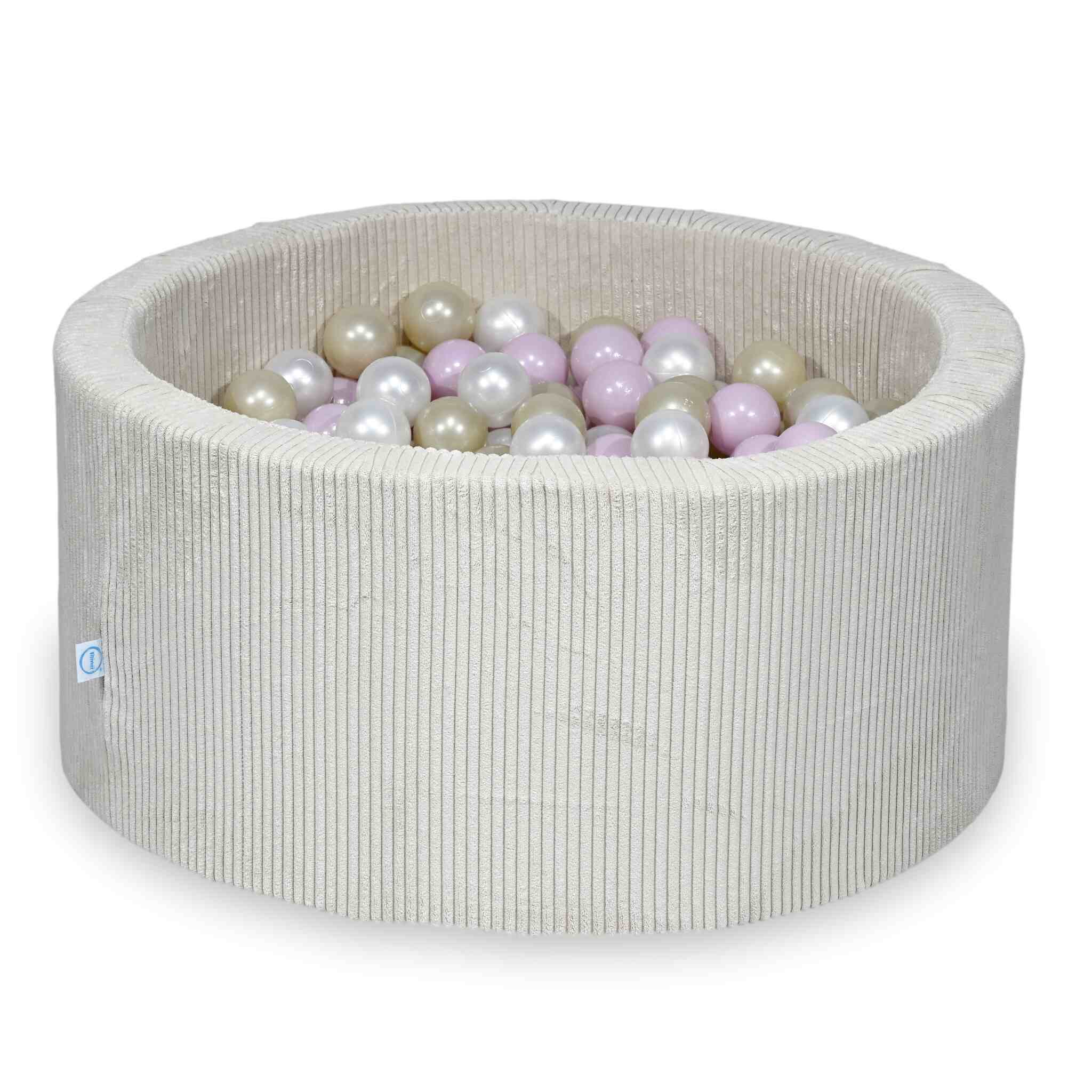 Piscine à balles ronde en velours côtelé beige, 90x40cm – 300 balls (nacrées, rose clair nacré, or clair)