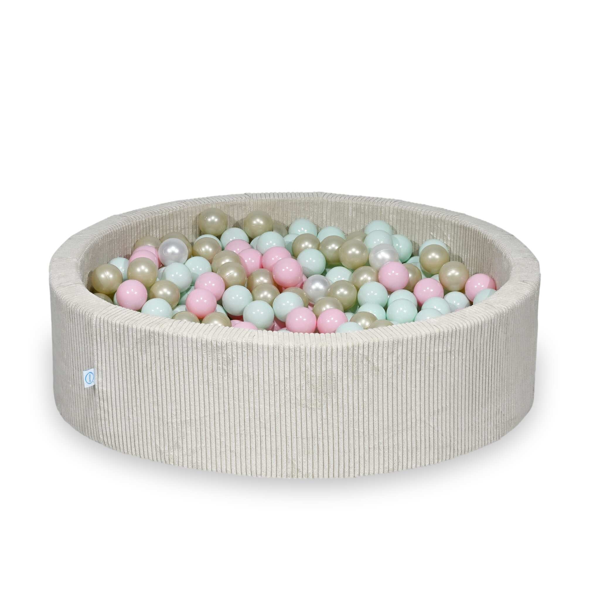 Piscine à balles ronde en velours côtelé beige, 110x30cm – Beige, 400 balls (nacrées, rose clair, vert menthe clair, or clair)