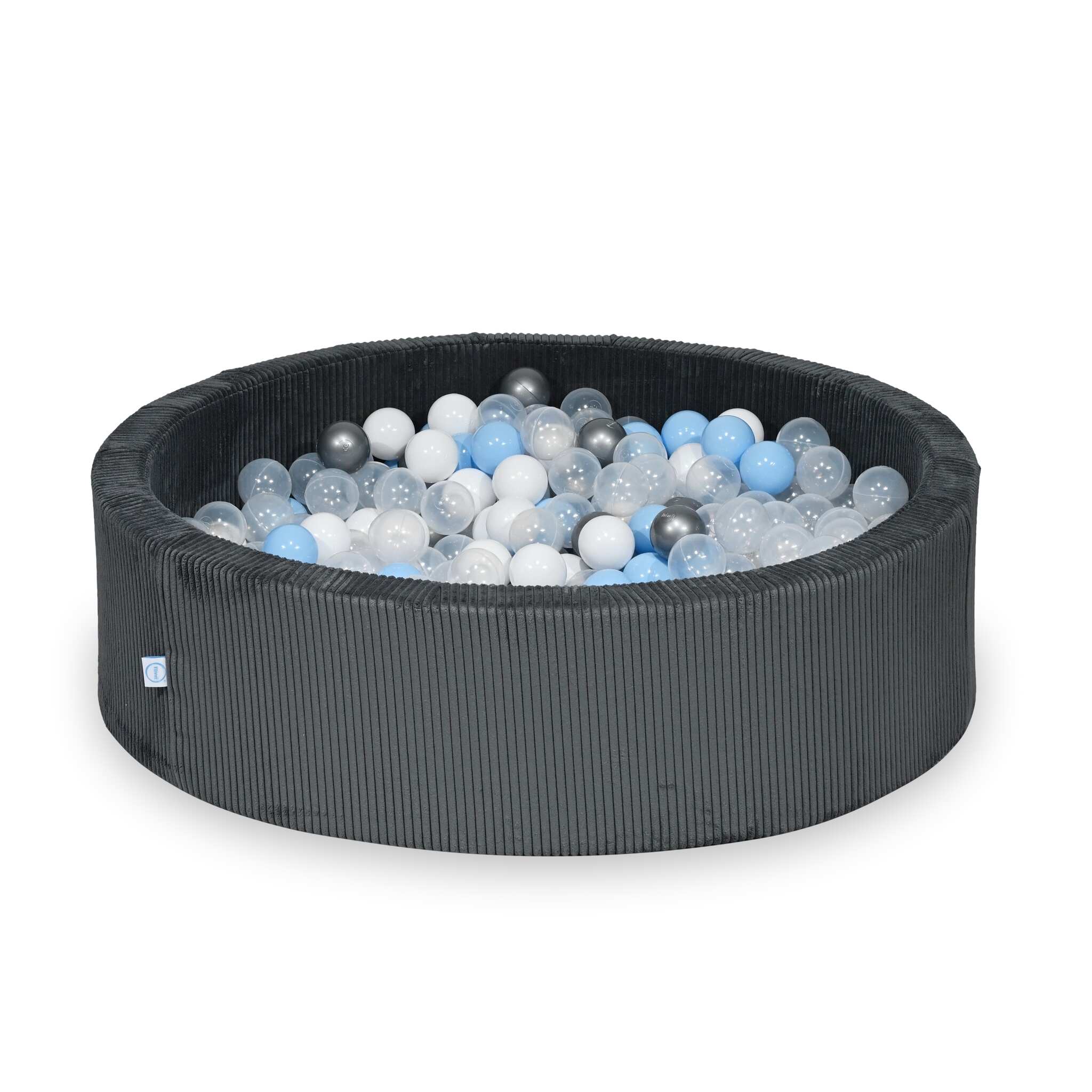 Piscine à balles ronde en velours côtelé graphite, 110x30cm – 400 balls (transparent, blanc, argenté, bleu clair)