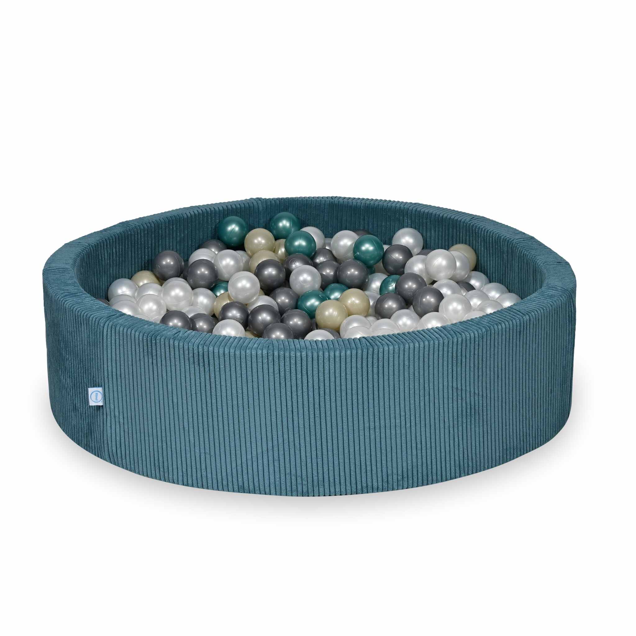Piscine à balles ronde en velours côtelé bleu, 110x30cm – 400 balls (nacré, argenté, doré clair, turquoise métallisé)