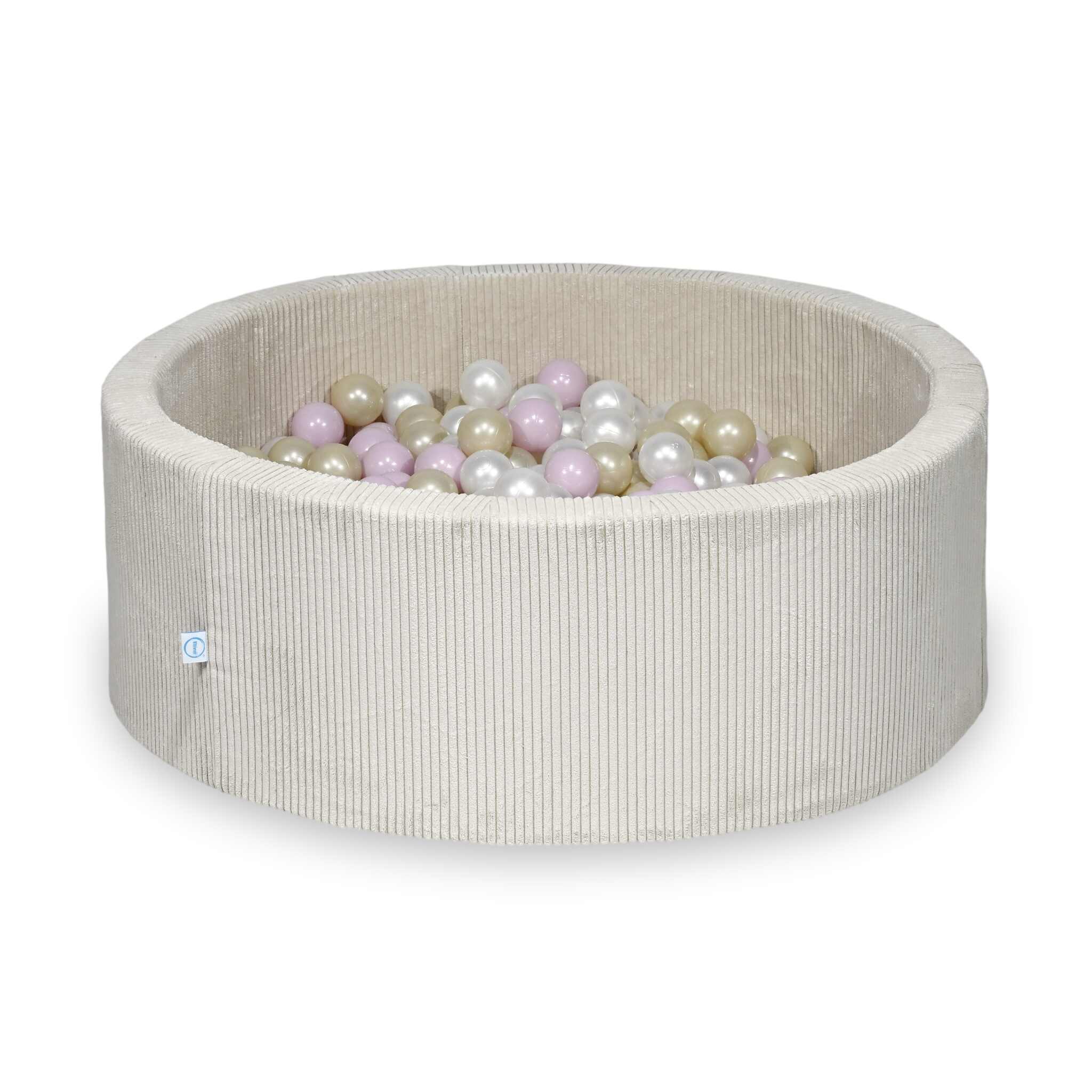 Piscine à balles ronde en velours côtelé beige, 110x40cm – Beige, 500 balls (nacrées, rose clair nacré, or clair)