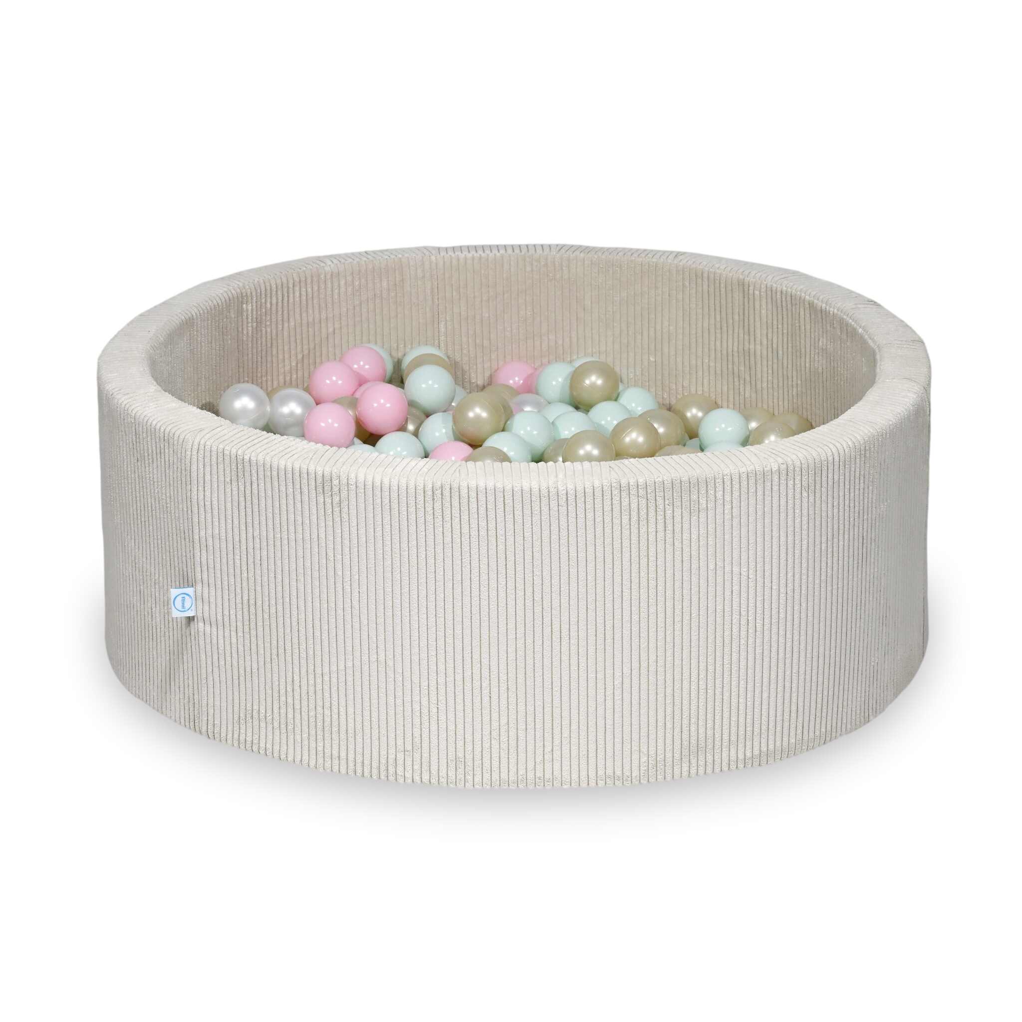 Piscine à balles ronde en velours côtelé beige, 110x40cm – Beige, 500 balls (nacrées, rose clair, vert menthe clair, or clair)