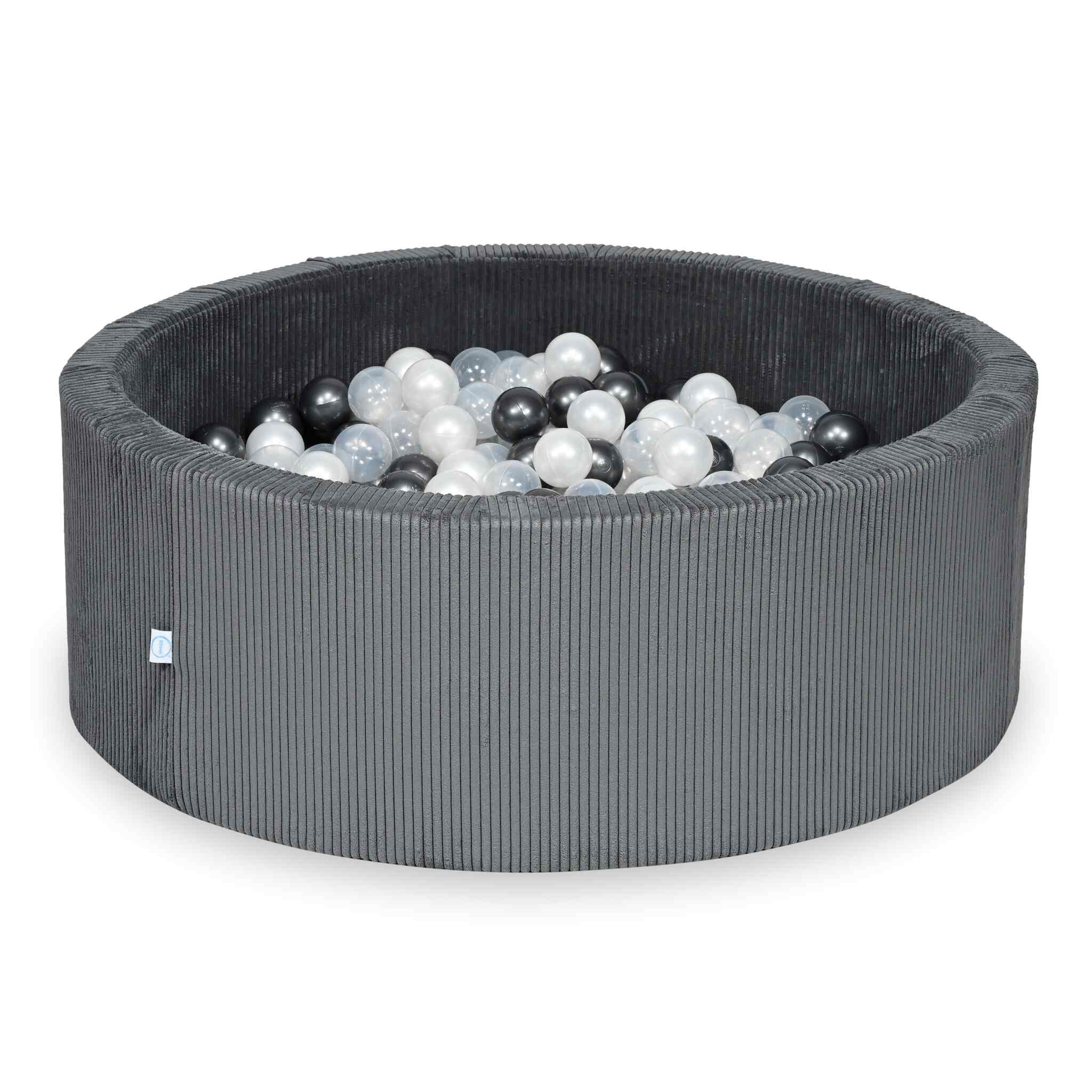 Piscine à balles ronde en velours côtelé graphite, 110x40cm – 500 balls (transparent, nacré, graphite métallisé)