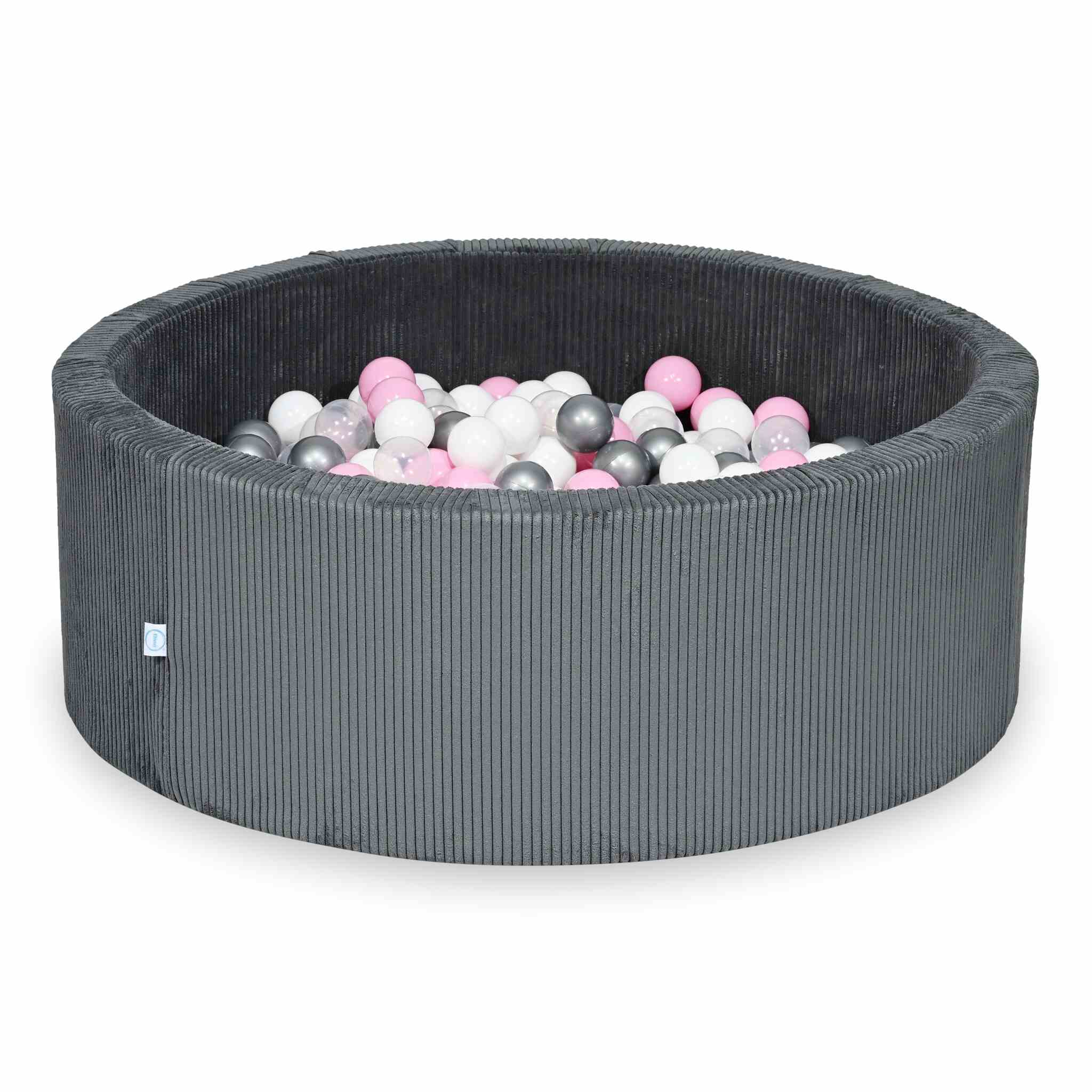 Piscine à balles ronde en velours côtelé graphite, 110x40cm – 500 balls (transparent, blanc,argenté, rose poudré)