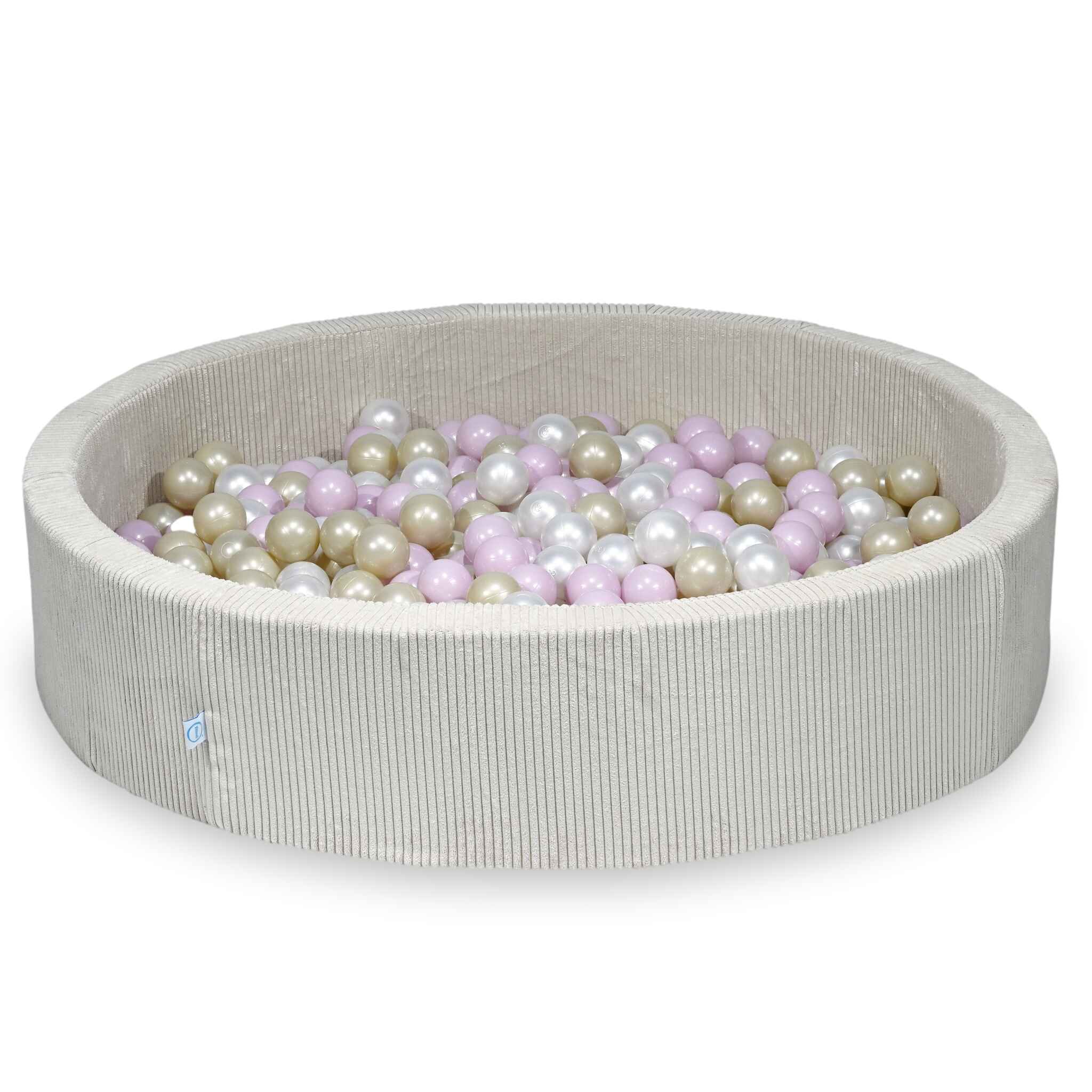 Piscine à balles ronde en velours côtelé beige, 130x30cm – Beige, 600 balls (nacrées, rose clair nacré, or clair)