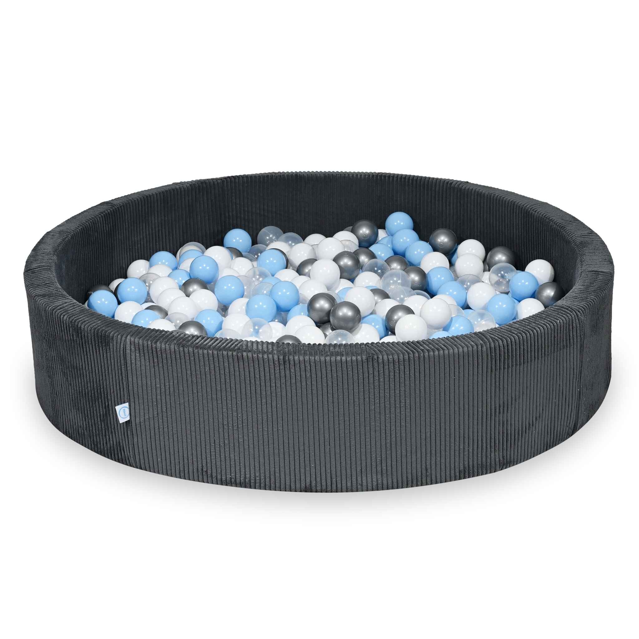 Piscine à balles ronde en velours côtelé graphite, 130x30cm – 300 balls (transparent, blanc, argenté, bleu clair)