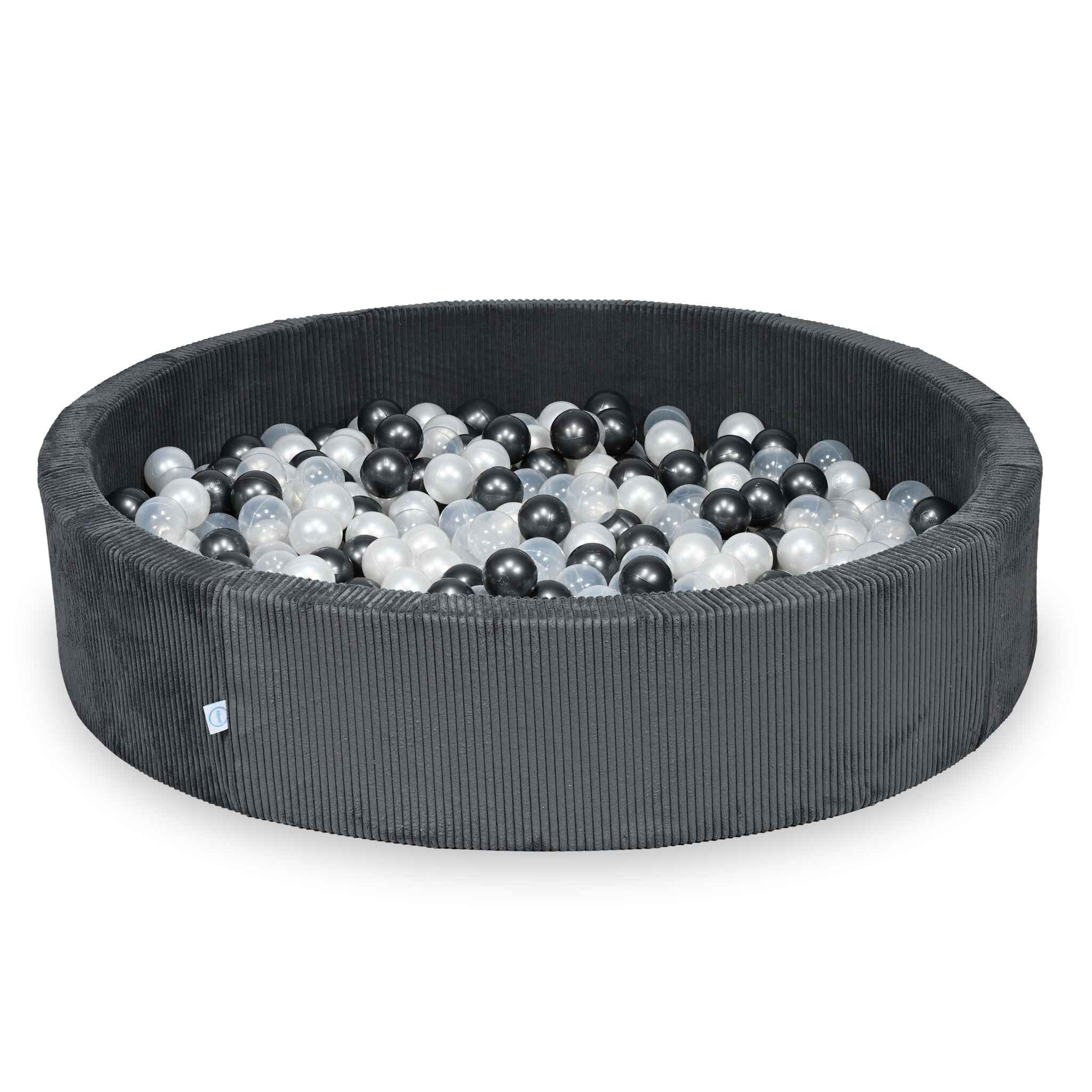 Piscine à balles ronde en velours côtelé graphite, 130x30cm – 600 balls (transparent, nacré, graphite métallisé)