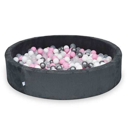 Piscine à balles ronde en velours côtelé graphite, 130x30cm – 600 balls (transparent, blanc,argenté, rose poudré)