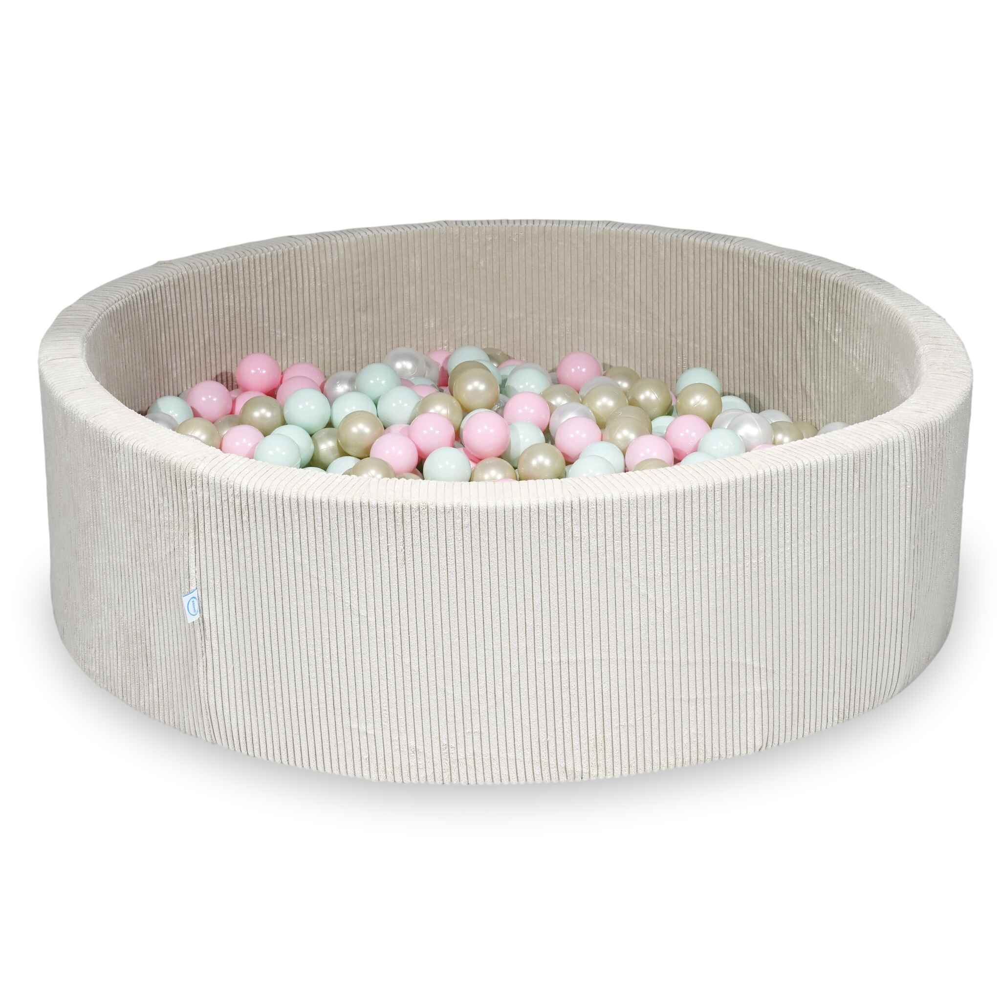 Piscine à balles ronde en velours côtelé beige, 130x40cm – Beige, 700 balls (nacrées, rose clair, vert menthe clair, or clair)