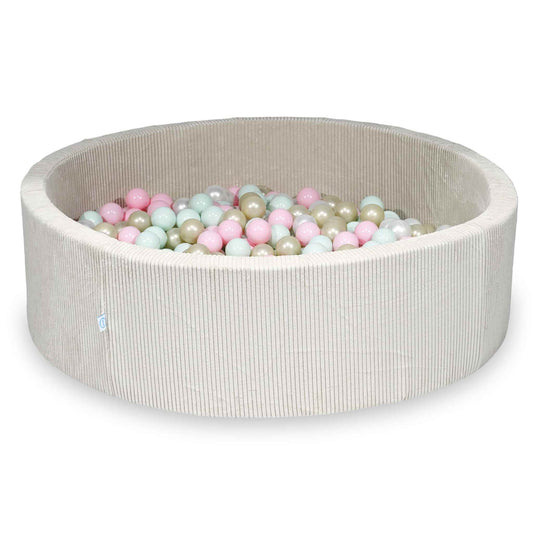 Piscine à balles ronde en velours côtelé beige, 130x40cm – Beige, 700 balls (nacrées, rose clair, vert menthe clair, or clair)