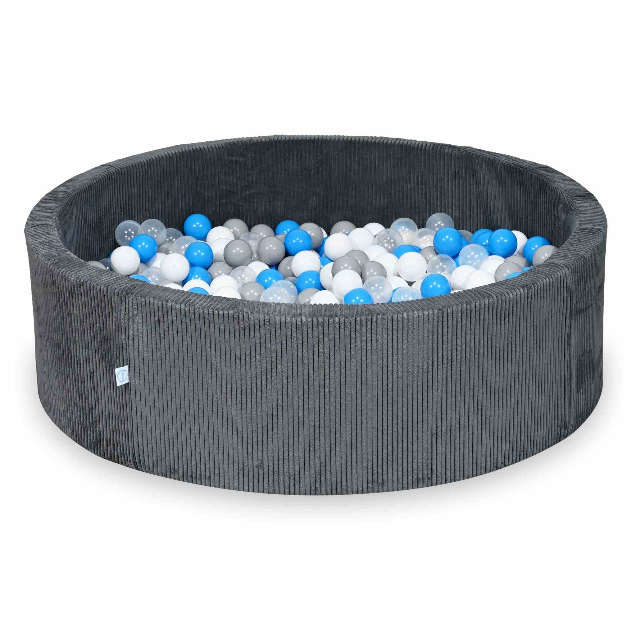 Piscine à balles ronde en velours côtelé graphite, 130x40cm – 700 balls (transparent, blanc,gris, bleu ciel)