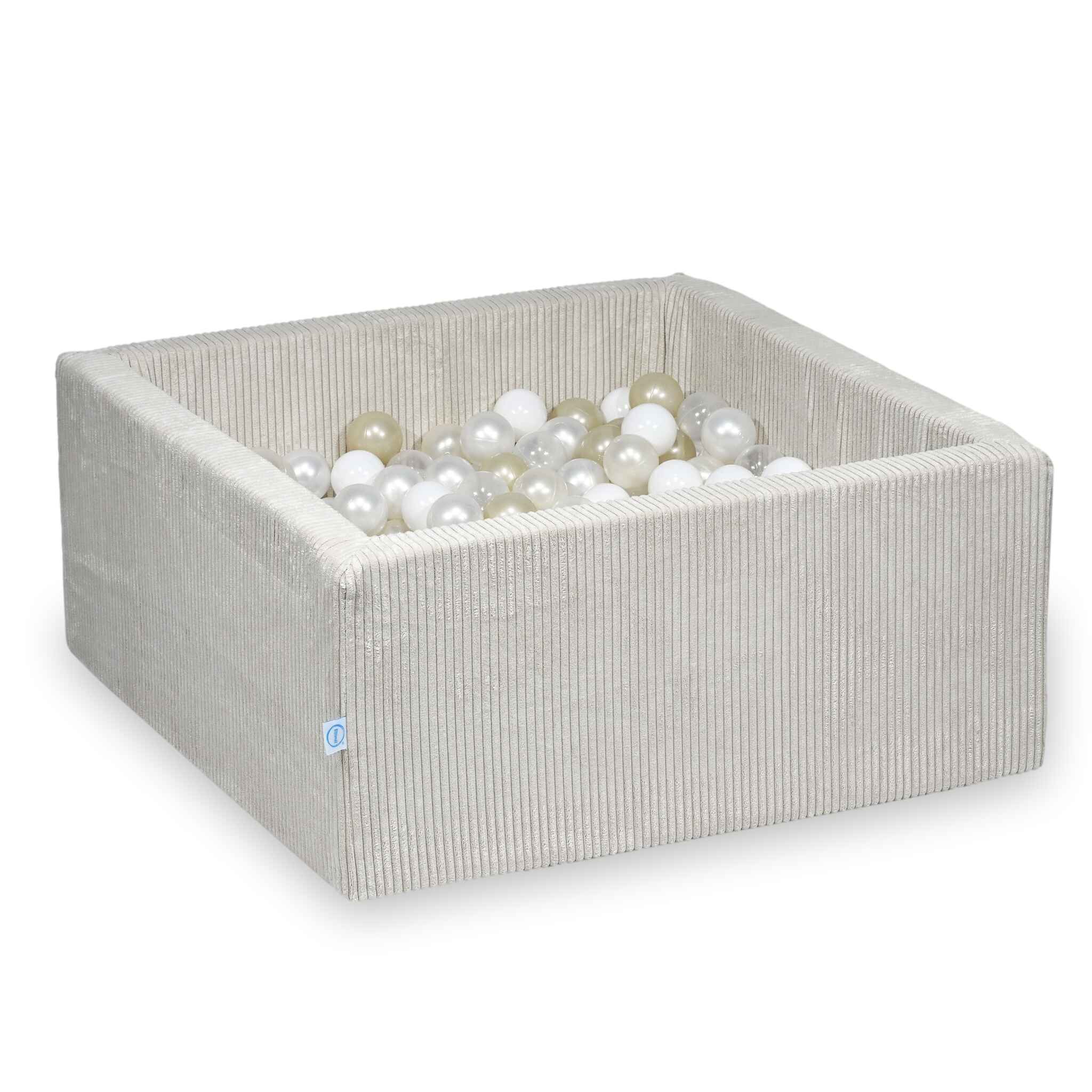 Piscine à balles square en velours côtelé beige, 90x90x40cm – Beige, 400 balls (transparentes, blanches, nacrées, or clair, irisées)